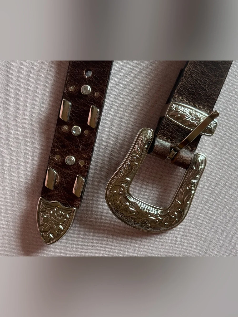 Guess Brown Leather Western Silver Buckle Studded Rhinestone Cowgirl Belt XL